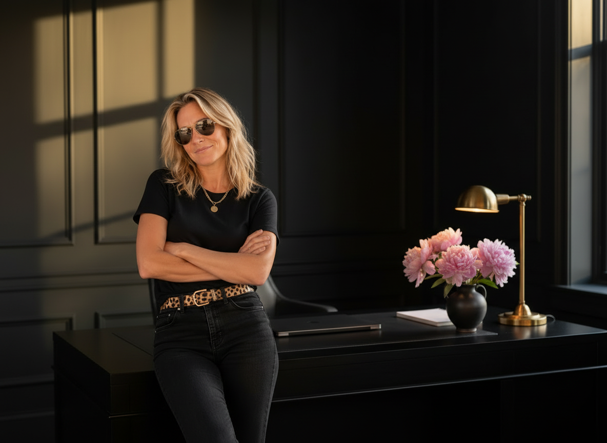 Jaime Resnick, Founder and CEO of REGENT., leaning against a black desk beside a vase of pink peonies